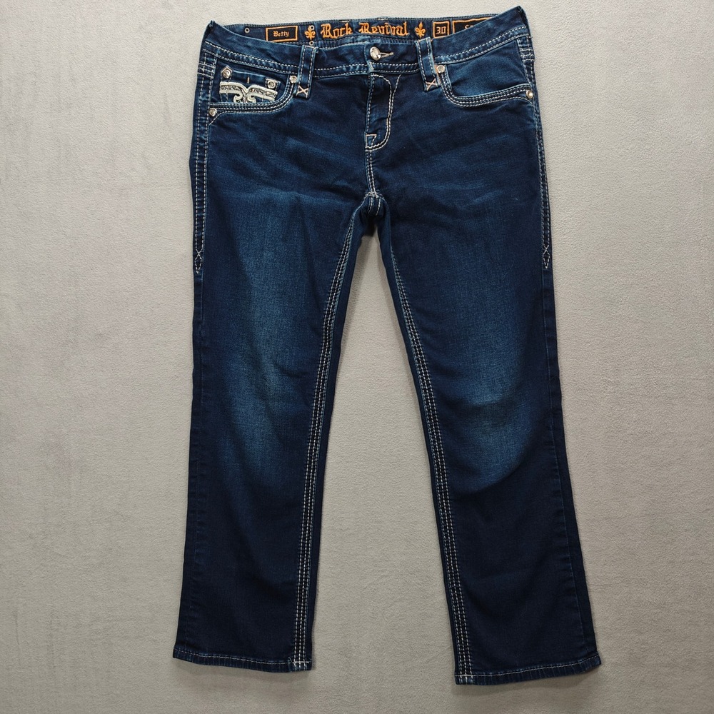 Rock Revival Betty Crop Jeans Women 34x24 Y2K Country Western Embellished Pocket